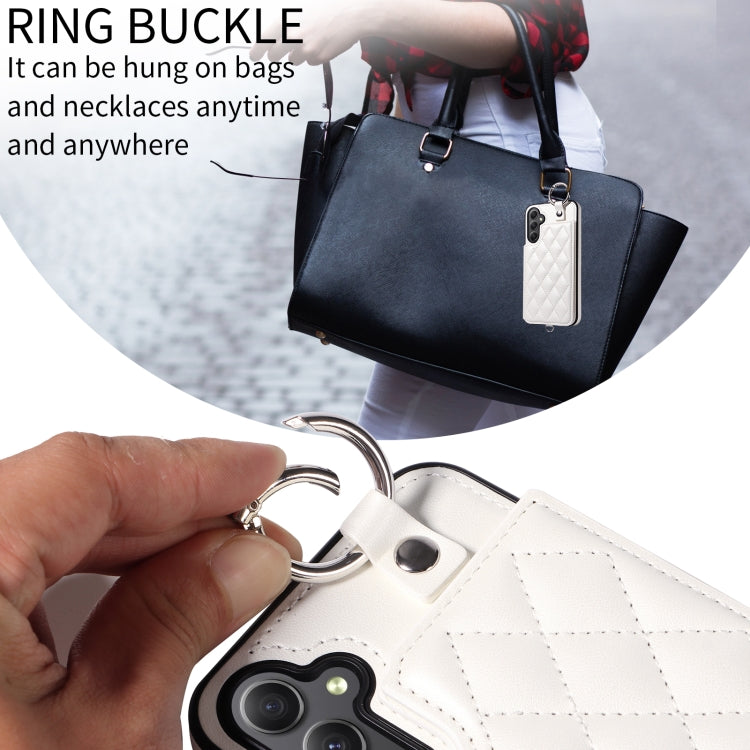 For Samsung Galaxy A34 5G Rhombic Texture Card Bag Phone Case with Short Lanyard