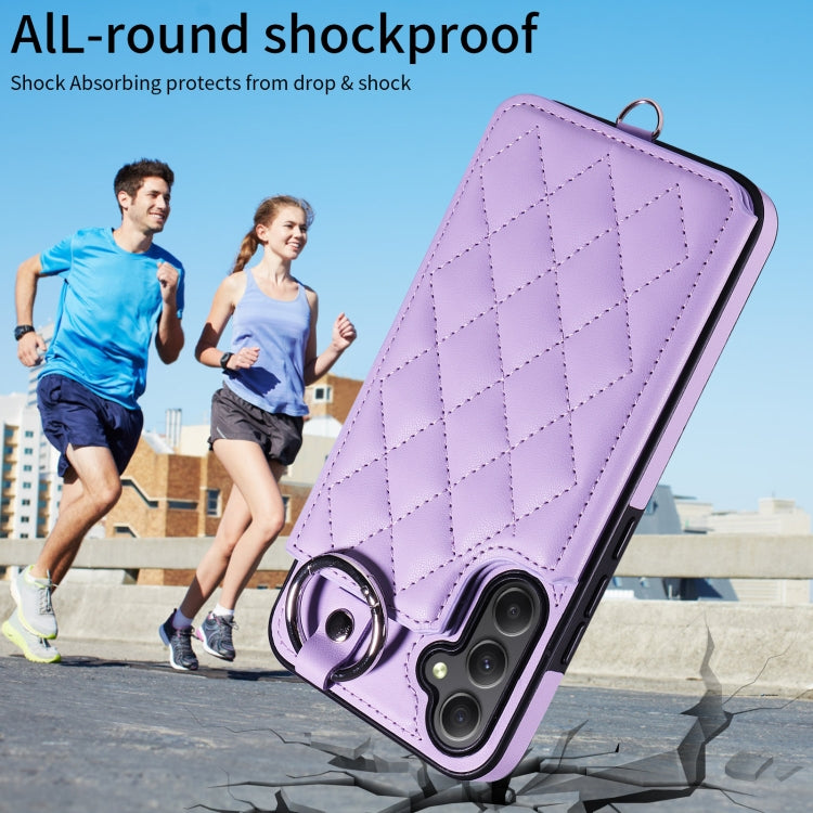 For Samsung Galaxy A34 5G Rhombic Texture Card Bag Phone Case with Short Lanyard