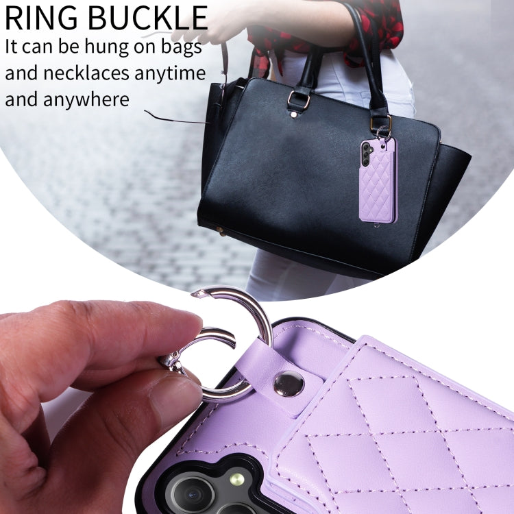 For Samsung Galaxy A34 5G Rhombic Texture Card Bag Phone Case with Short Lanyard