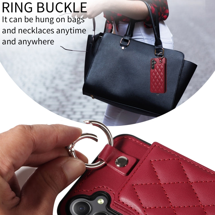 For Samsung Galaxy A34 5G Rhombic Texture Card Bag Phone Case with Short Lanyard