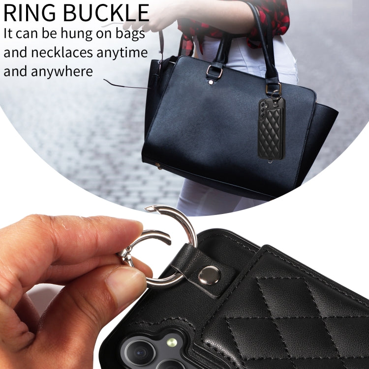 For Samsung Galaxy A34 5G Rhombic Texture Card Bag Phone Case with Short Lanyard