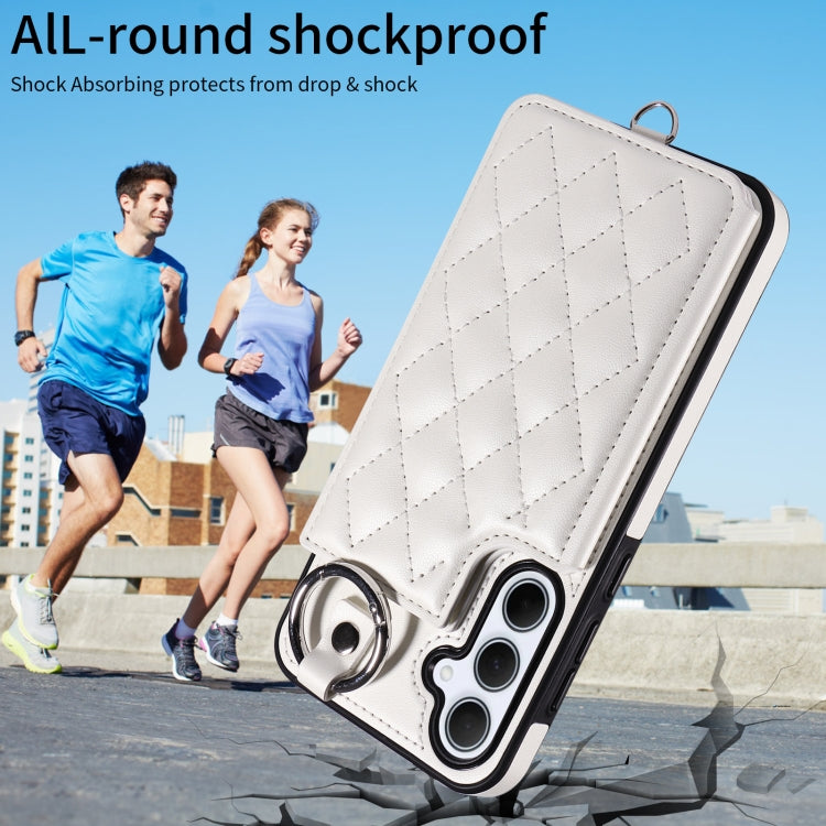 For Samsung Galaxy A35 5G Rhombic Texture Card Bag Phone Case with Short Lanyard