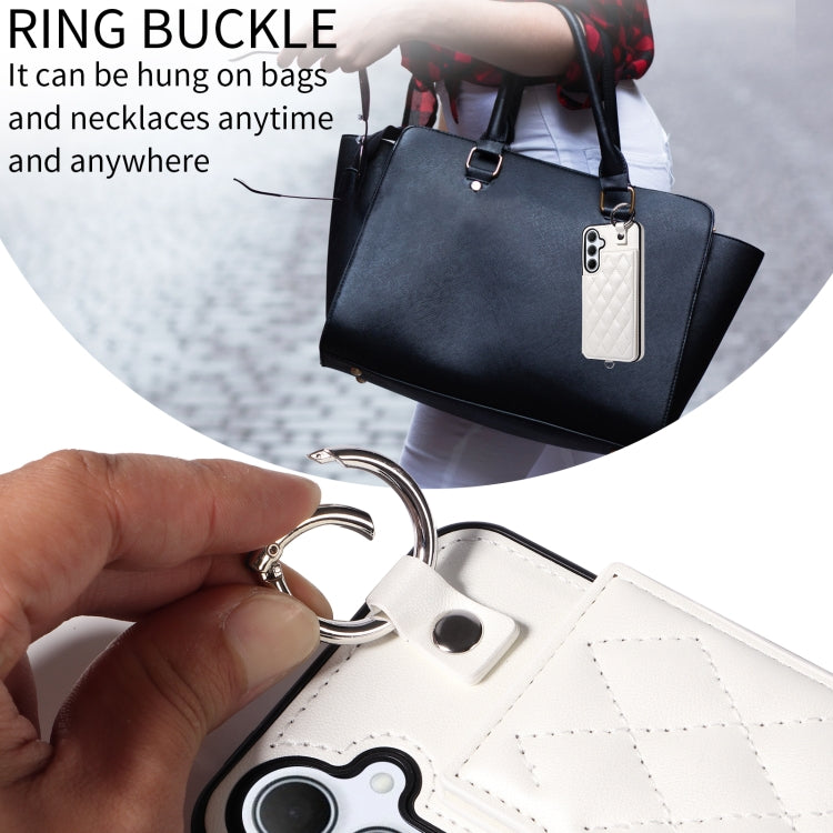 For Samsung Galaxy A35 5G Rhombic Texture Card Bag Phone Case with Short Lanyard