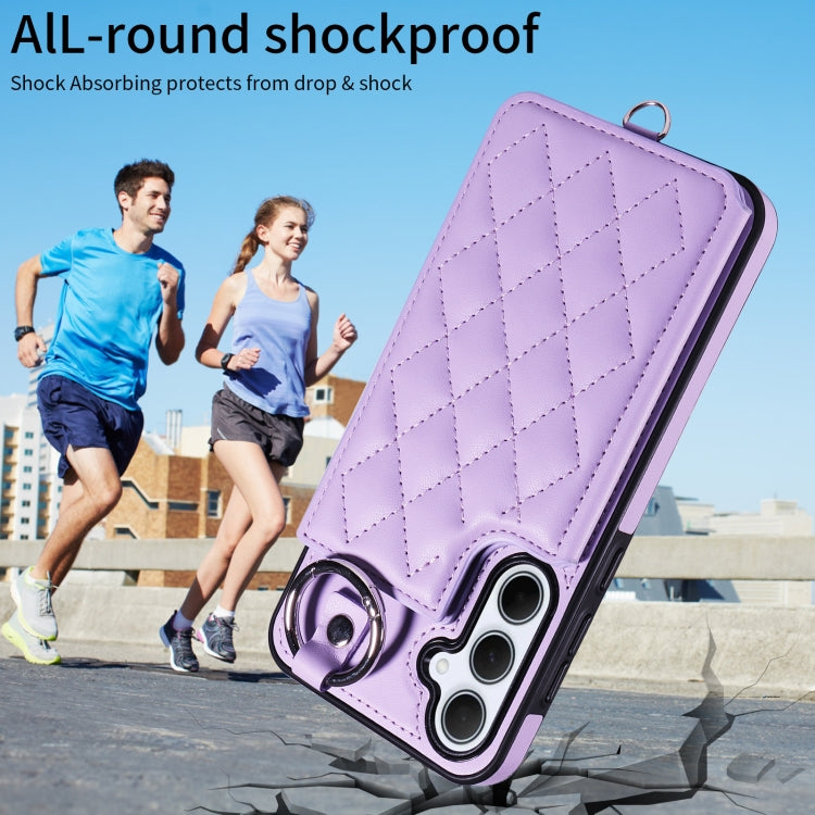 For Samsung Galaxy A35 5G Rhombic Texture Card Bag Phone Case with Short Lanyard