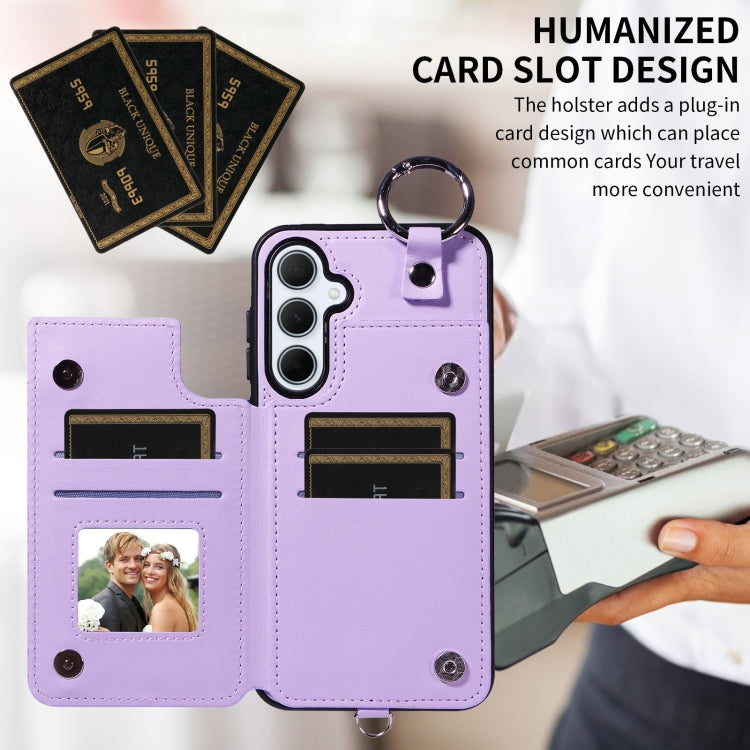 For Samsung Galaxy A35 5G Rhombic Texture Card Bag Phone Case with Short Lanyard