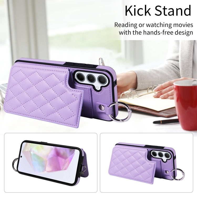 For Samsung Galaxy A35 5G Rhombic Texture Card Bag Phone Case with Short Lanyard