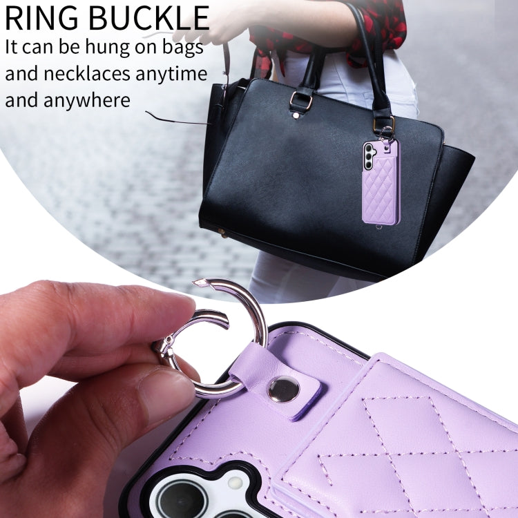 For Samsung Galaxy A35 5G Rhombic Texture Card Bag Phone Case with Short Lanyard