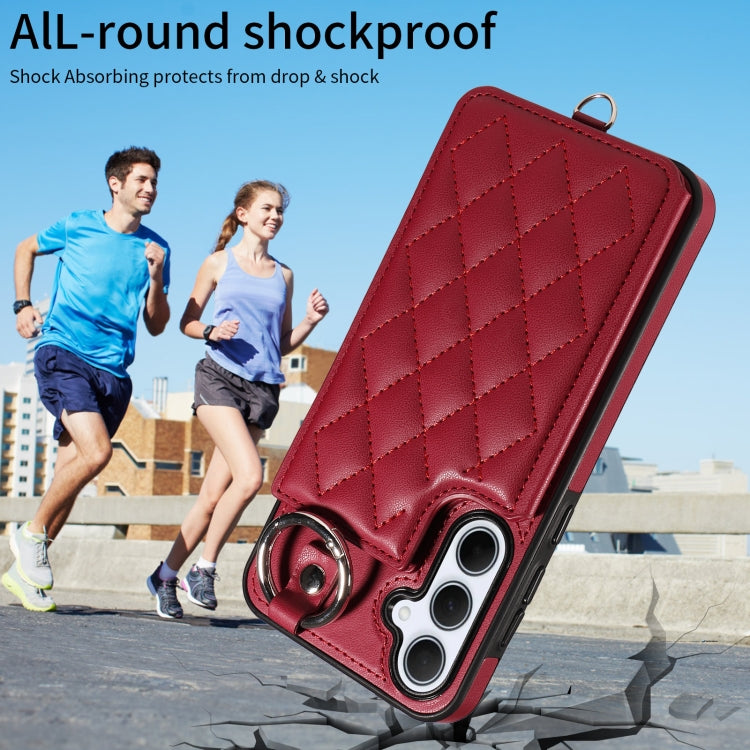 For Samsung Galaxy A35 5G Rhombic Texture Card Bag Phone Case with Short Lanyard