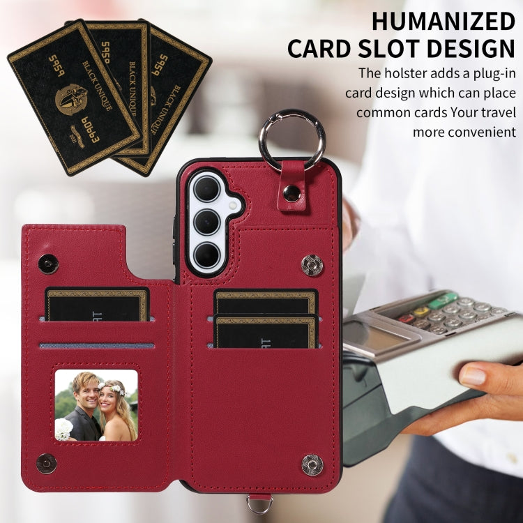 For Samsung Galaxy A35 5G Rhombic Texture Card Bag Phone Case with Short Lanyard