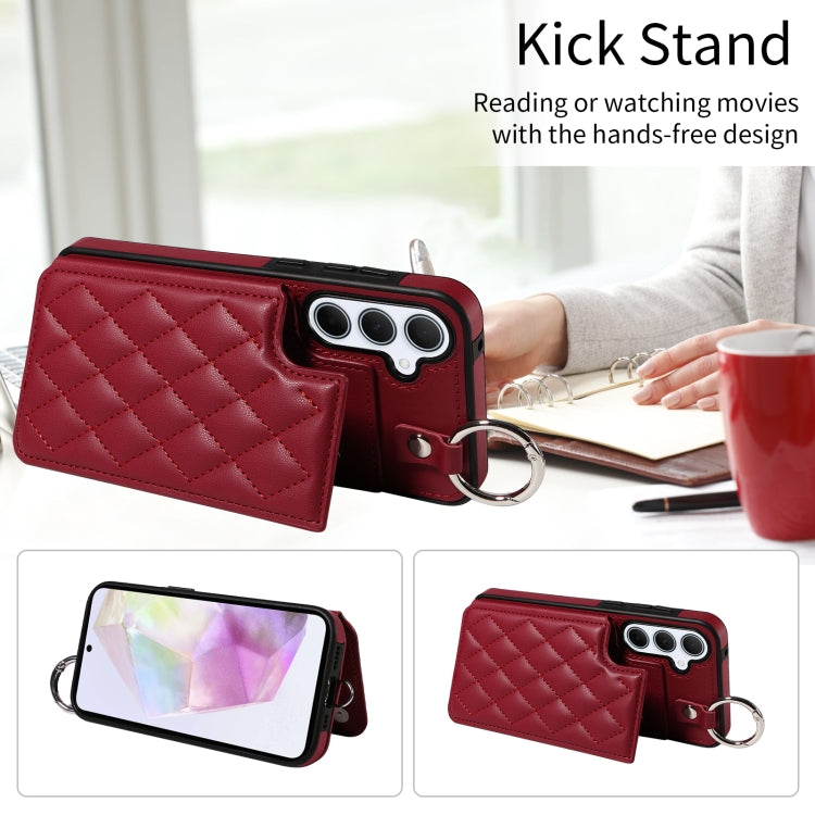 For Samsung Galaxy A35 5G Rhombic Texture Card Bag Phone Case with Short Lanyard