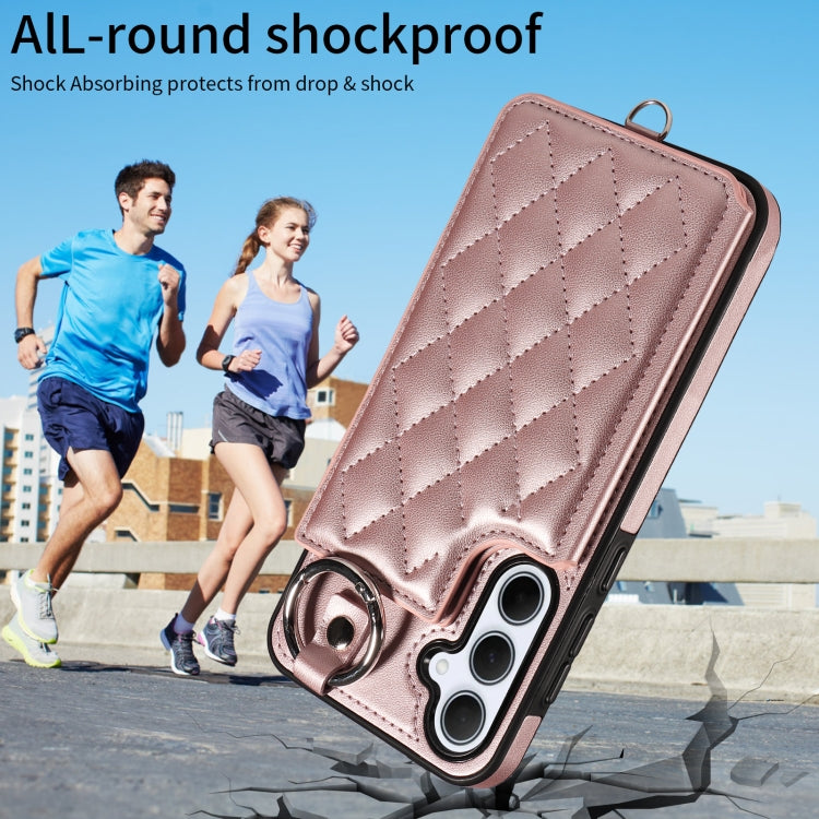 For Samsung Galaxy A35 5G Rhombic Texture Card Bag Phone Case with Short Lanyard