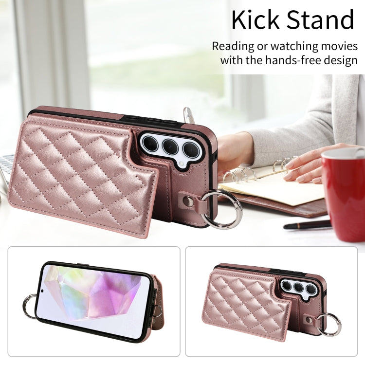 For Samsung Galaxy A35 5G Rhombic Texture Card Bag Phone Case with Short Lanyard