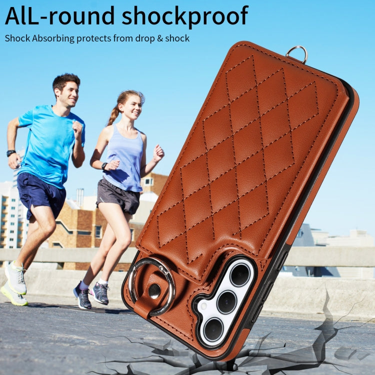 For Samsung Galaxy A35 5G Rhombic Texture Card Bag Phone Case with Short Lanyard