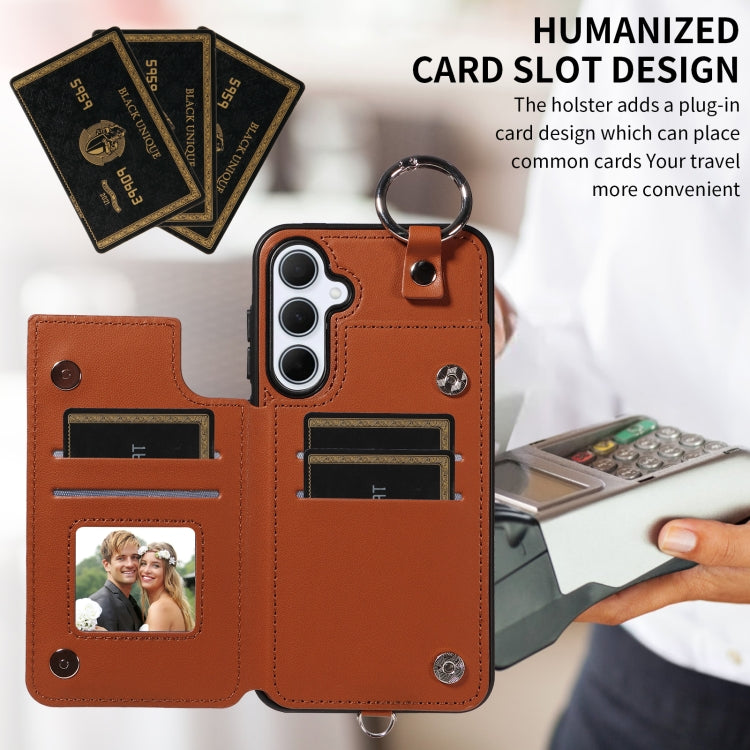 For Samsung Galaxy A35 5G Rhombic Texture Card Bag Phone Case with Short Lanyard