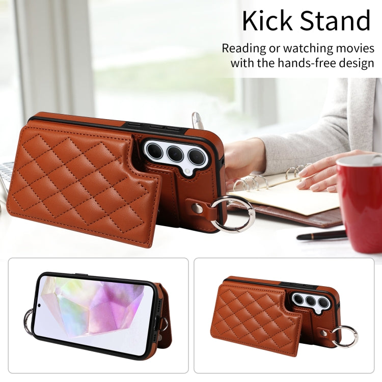 For Samsung Galaxy A35 5G Rhombic Texture Card Bag Phone Case with Short Lanyard