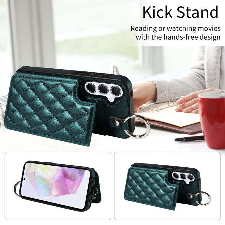 For Samsung Galaxy A35 5G Rhombic Texture Card Bag Phone Case with Short Lanyard
