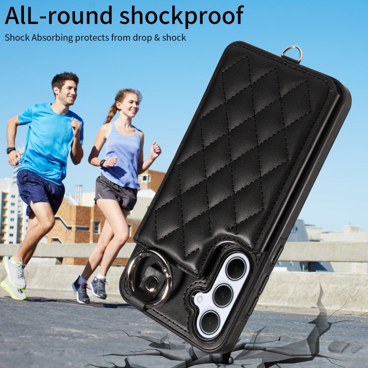 For Samsung Galaxy A35 5G Rhombic Texture Card Bag Phone Case with Short Lanyard