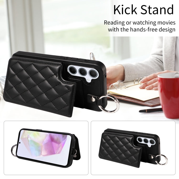 For Samsung Galaxy A35 5G Rhombic Texture Card Bag Phone Case with Short Lanyard
