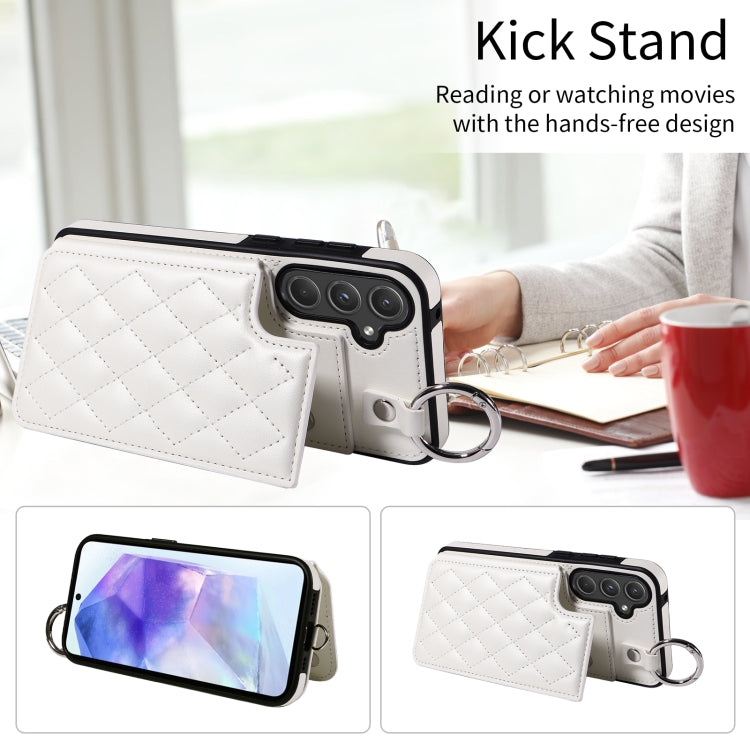 For Samsung Galaxy A55 5G Rhombic Texture Card Bag Phone Case with Short Lanyard