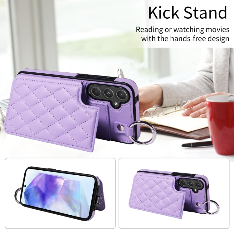 For Samsung Galaxy A55 5G Rhombic Texture Card Bag Phone Case with Short Lanyard