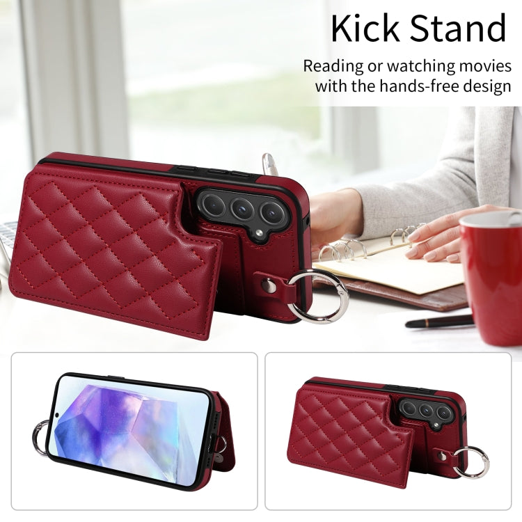 For Samsung Galaxy A55 5G Rhombic Texture Card Bag Phone Case with Short Lanyard