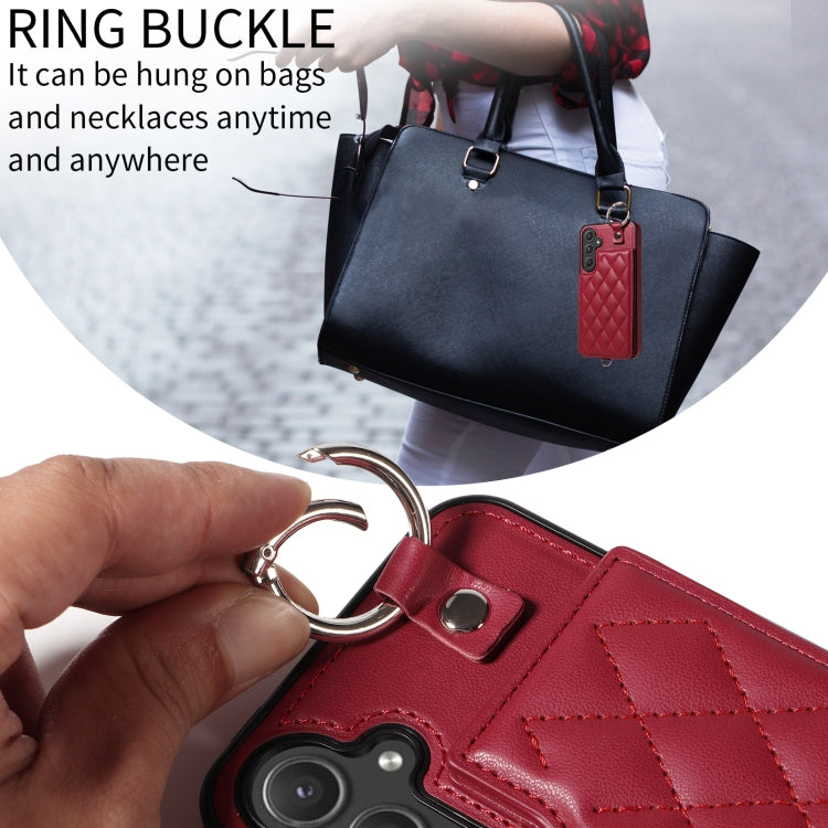 For Samsung Galaxy A55 5G Rhombic Texture Card Bag Phone Case with Short Lanyard