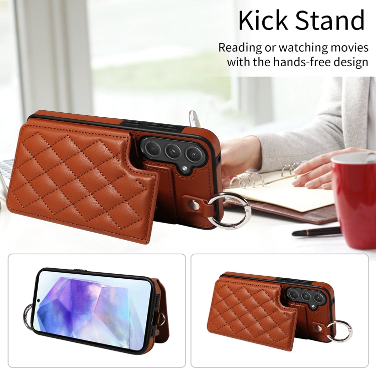 For Samsung Galaxy A55 5G Rhombic Texture Card Bag Phone Case with Short Lanyard