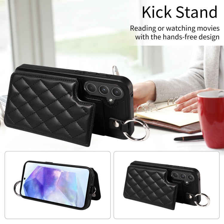 For Samsung Galaxy A55 5G Rhombic Texture Card Bag Phone Case with Short Lanyard