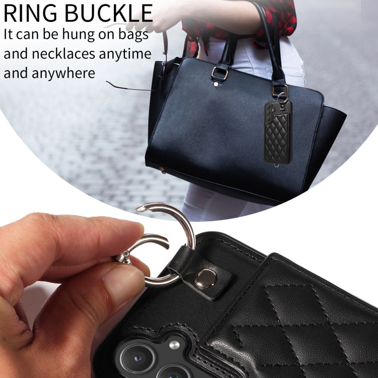 For Samsung Galaxy A55 5G Rhombic Texture Card Bag Phone Case with Short Lanyard