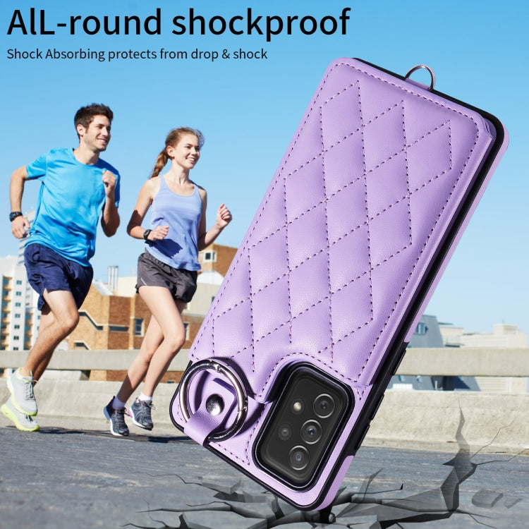 For Samsung Galaxy A72 4G / 5G Rhombic Texture Card Bag Phone Case with Short Lanyard