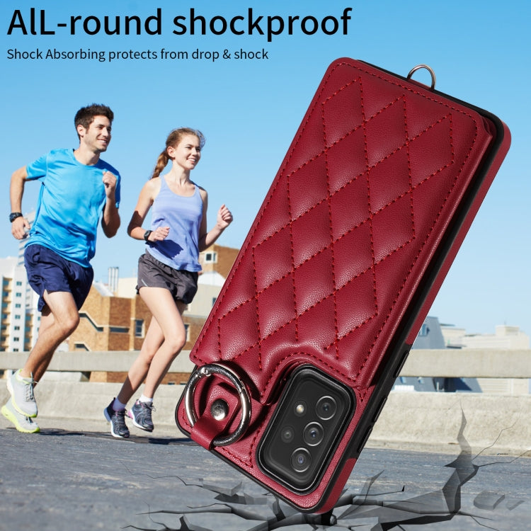 For Samsung Galaxy A72 4G / 5G Rhombic Texture Card Bag Phone Case with Short Lanyard