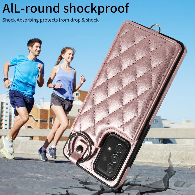 For Samsung Galaxy A72 4G / 5G Rhombic Texture Card Bag Phone Case with Short Lanyard
