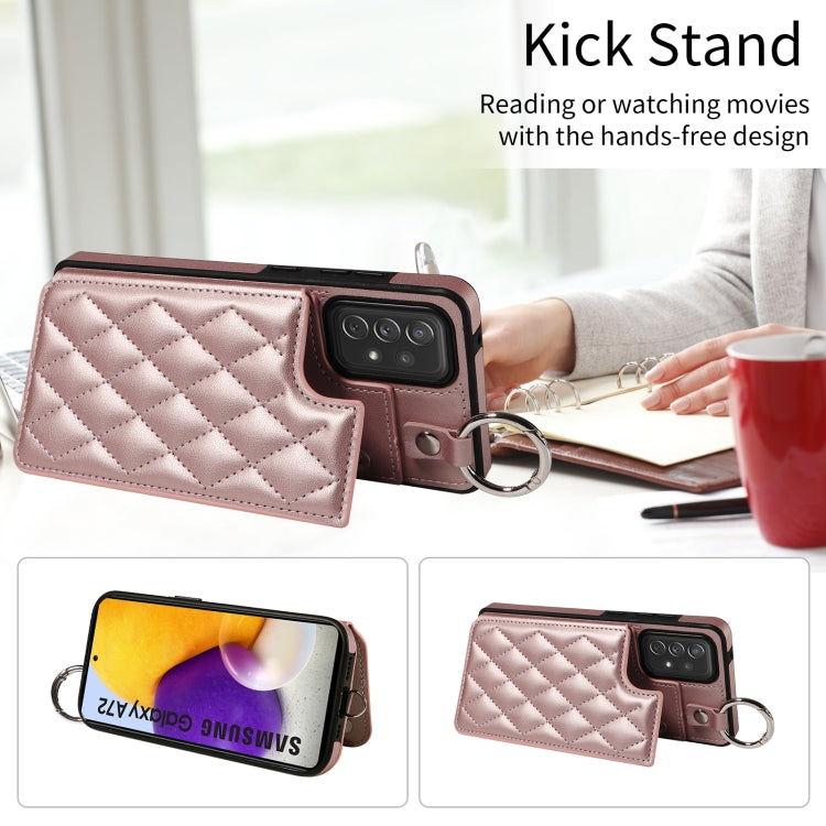 For Samsung Galaxy A72 4G / 5G Rhombic Texture Card Bag Phone Case with Short Lanyard