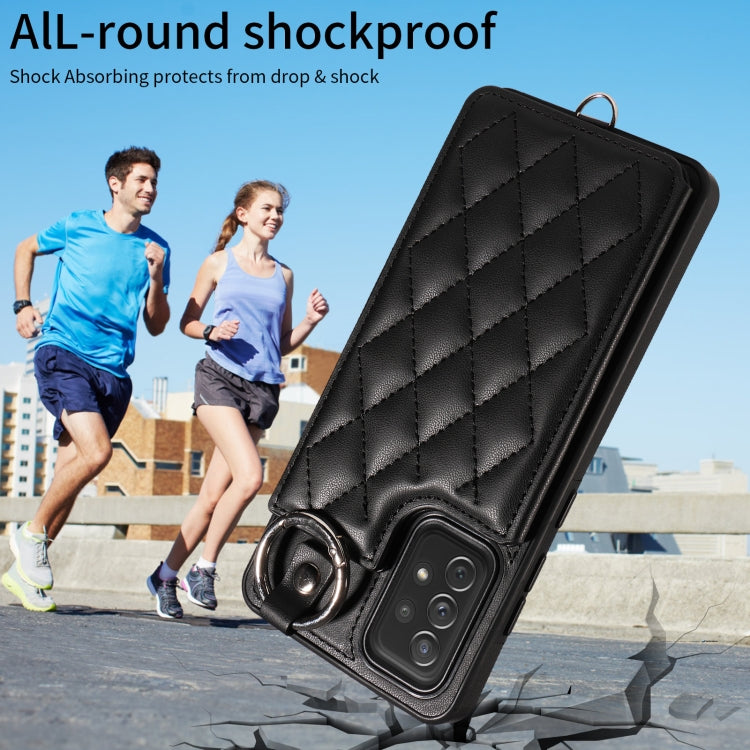 For Samsung Galaxy A72 4G / 5G Rhombic Texture Card Bag Phone Case with Short Lanyard