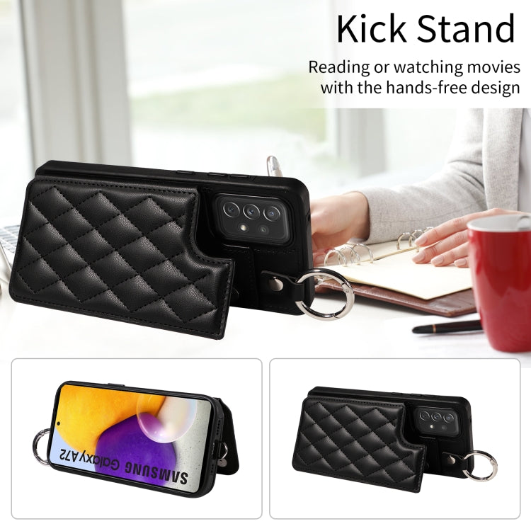 For Samsung Galaxy A72 4G / 5G Rhombic Texture Card Bag Phone Case with Short Lanyard
