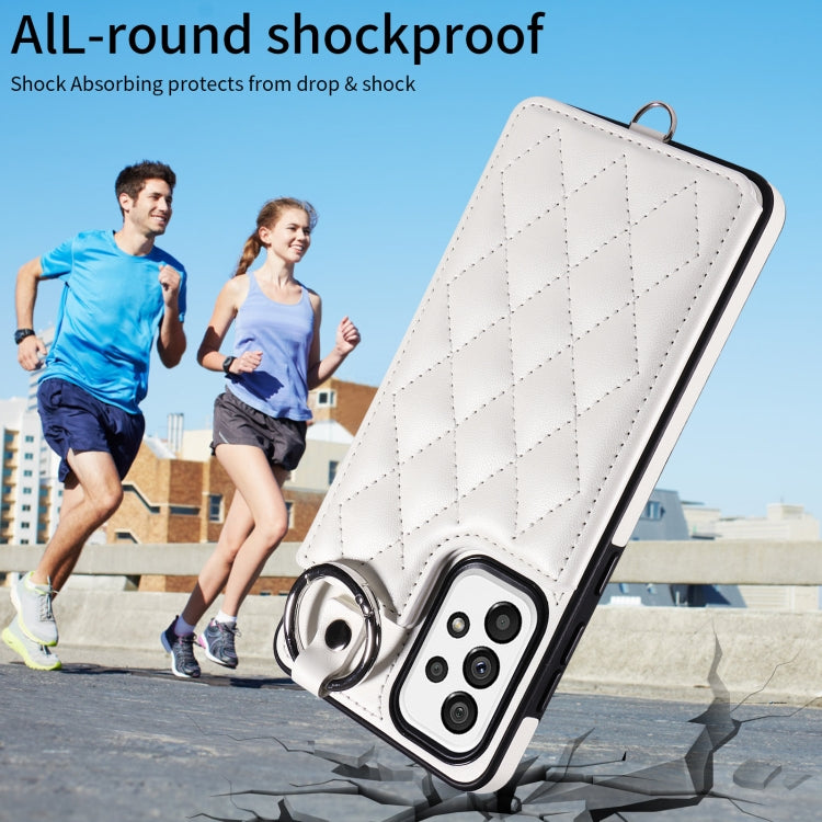 For Samsung Galaxy A73 5G Rhombic Texture Card Bag Phone Case with Short Lanyard
