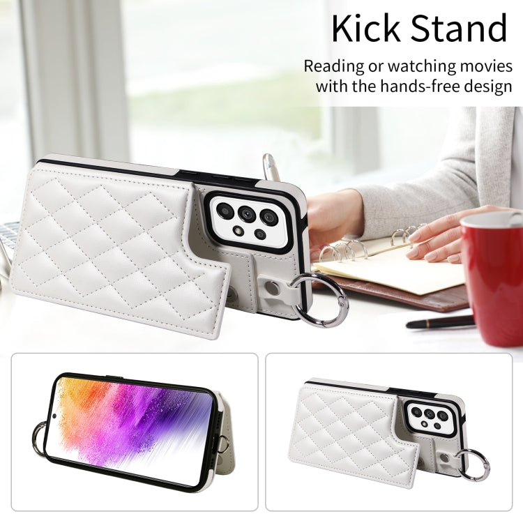 For Samsung Galaxy A73 5G Rhombic Texture Card Bag Phone Case with Short Lanyard