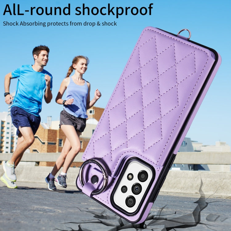 For Samsung Galaxy A73 5G Rhombic Texture Card Bag Phone Case with Short Lanyard