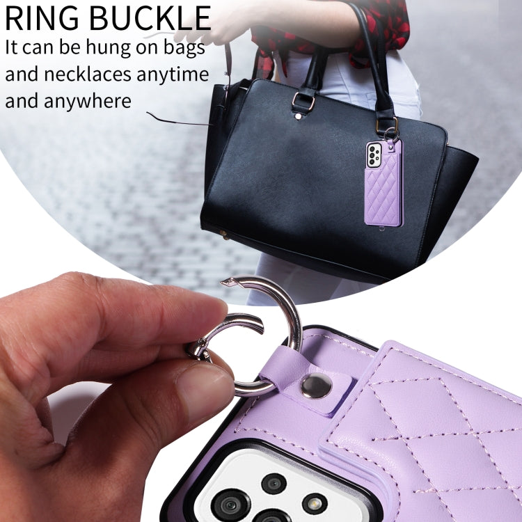 For Samsung Galaxy A73 5G Rhombic Texture Card Bag Phone Case with Short Lanyard