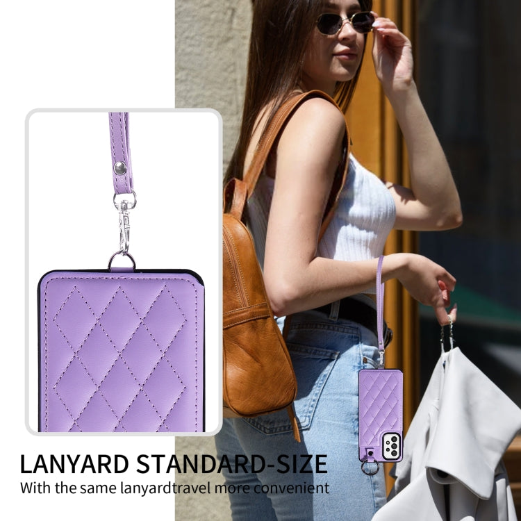 For Samsung Galaxy A73 5G Rhombic Texture Card Bag Phone Case with Short Lanyard