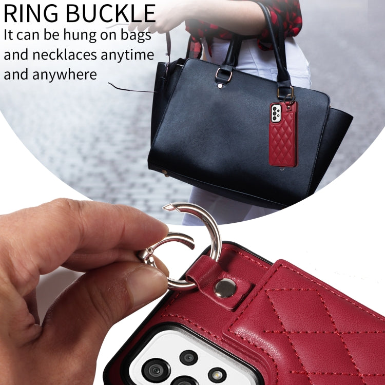 For Samsung Galaxy A73 5G Rhombic Texture Card Bag Phone Case with Short Lanyard