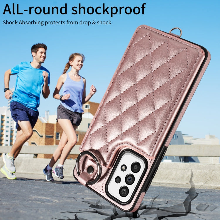 For Samsung Galaxy A73 5G Rhombic Texture Card Bag Phone Case with Short Lanyard