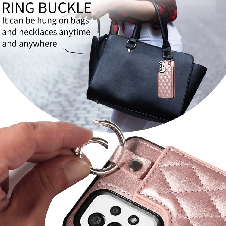 For Samsung Galaxy A73 5G Rhombic Texture Card Bag Phone Case with Short Lanyard