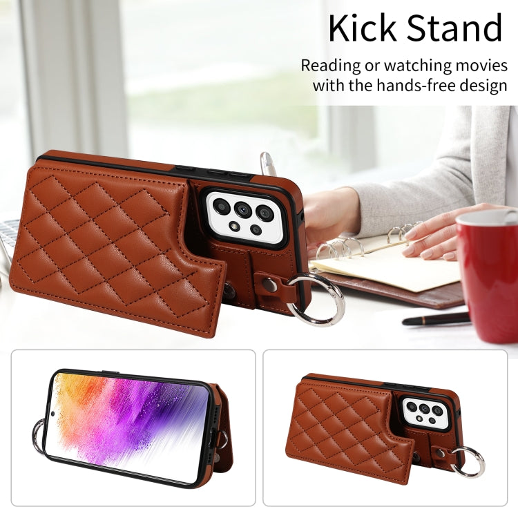 For Samsung Galaxy A73 5G Rhombic Texture Card Bag Phone Case with Short Lanyard