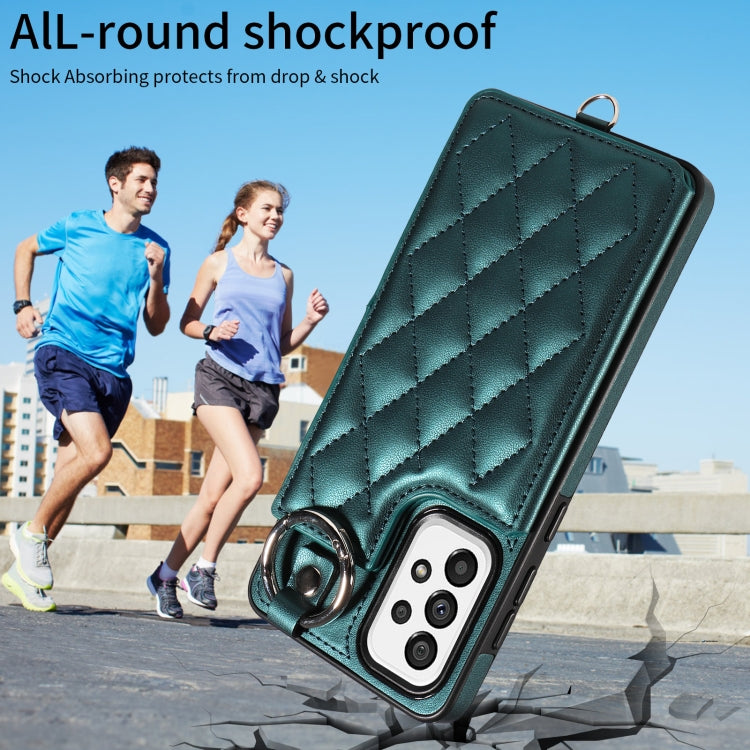 For Samsung Galaxy A73 5G Rhombic Texture Card Bag Phone Case with Short Lanyard