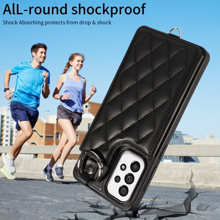 For Samsung Galaxy A73 5G Rhombic Texture Card Bag Phone Case with Short Lanyard
