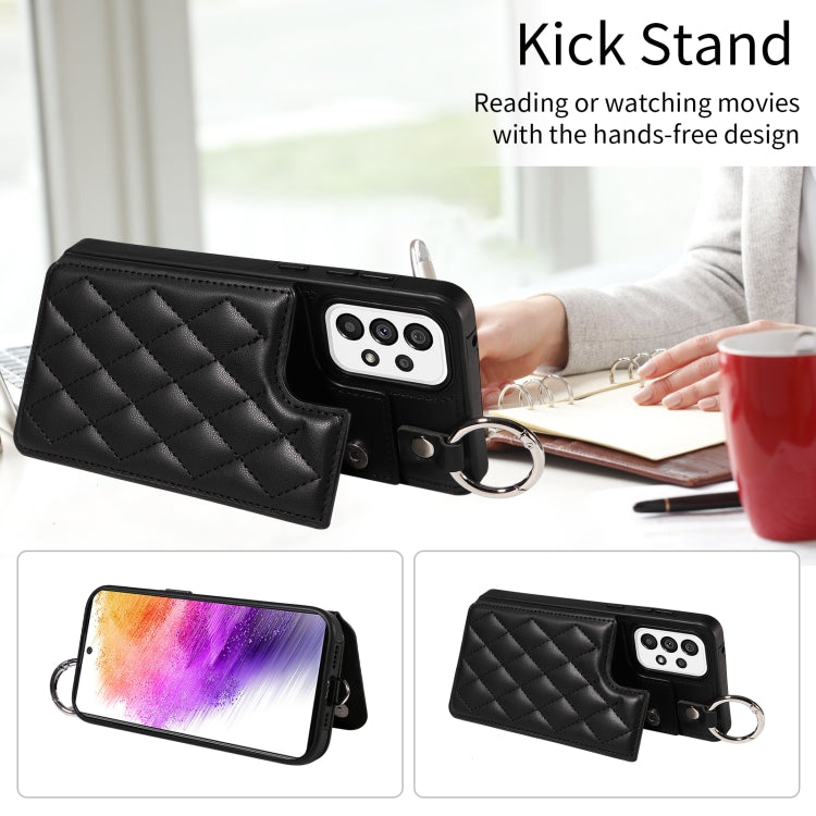For Samsung Galaxy A73 5G Rhombic Texture Card Bag Phone Case with Short Lanyard
