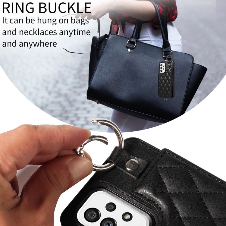 For Samsung Galaxy A73 5G Rhombic Texture Card Bag Phone Case with Short Lanyard