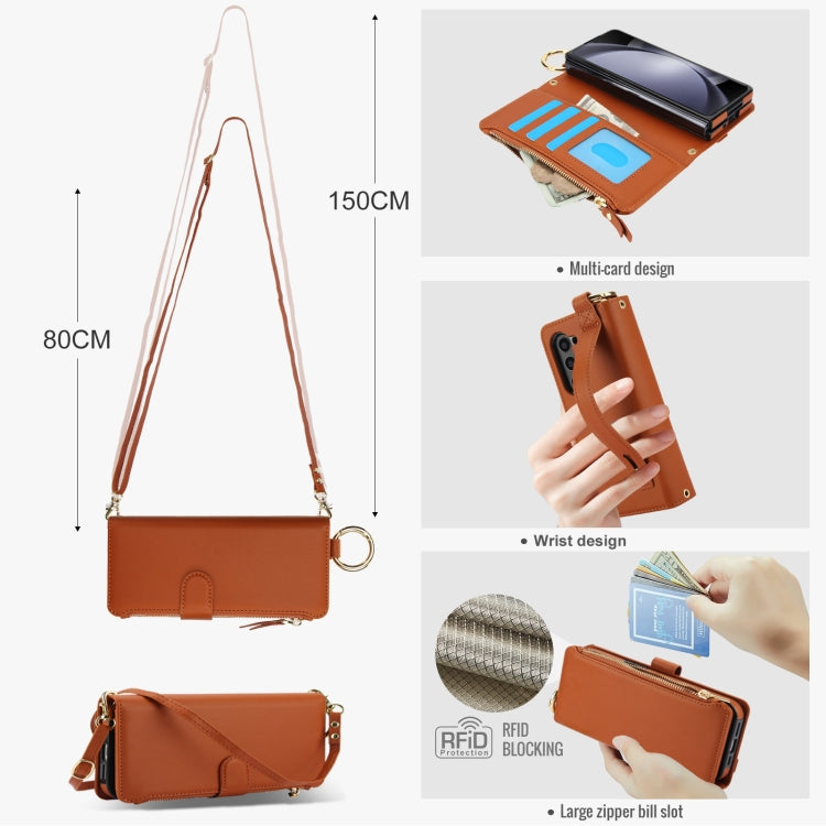 For Samsung Galaxy Z Fold5 Crossbody Ring Multifunctional Wallet Fold Leather Phone Case