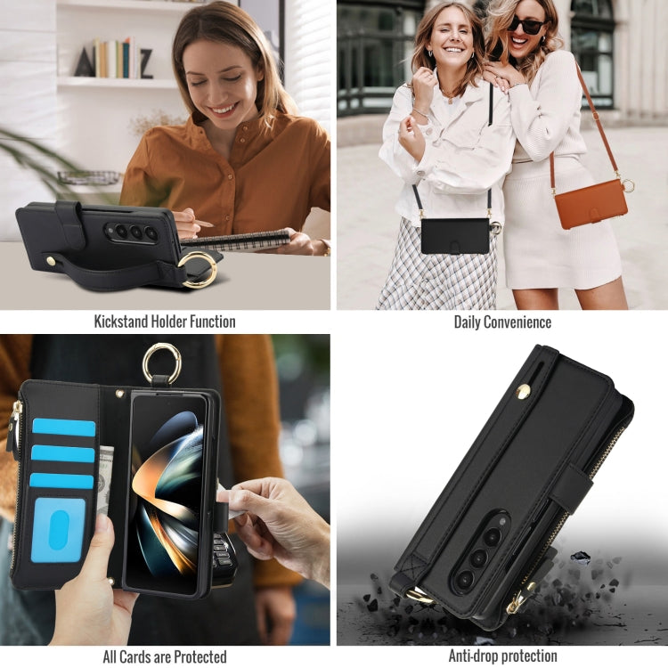 For Samsung Galaxy Z Fold4 Crossbody Ring Multifunctional Wallet Fold Leather Phone Case